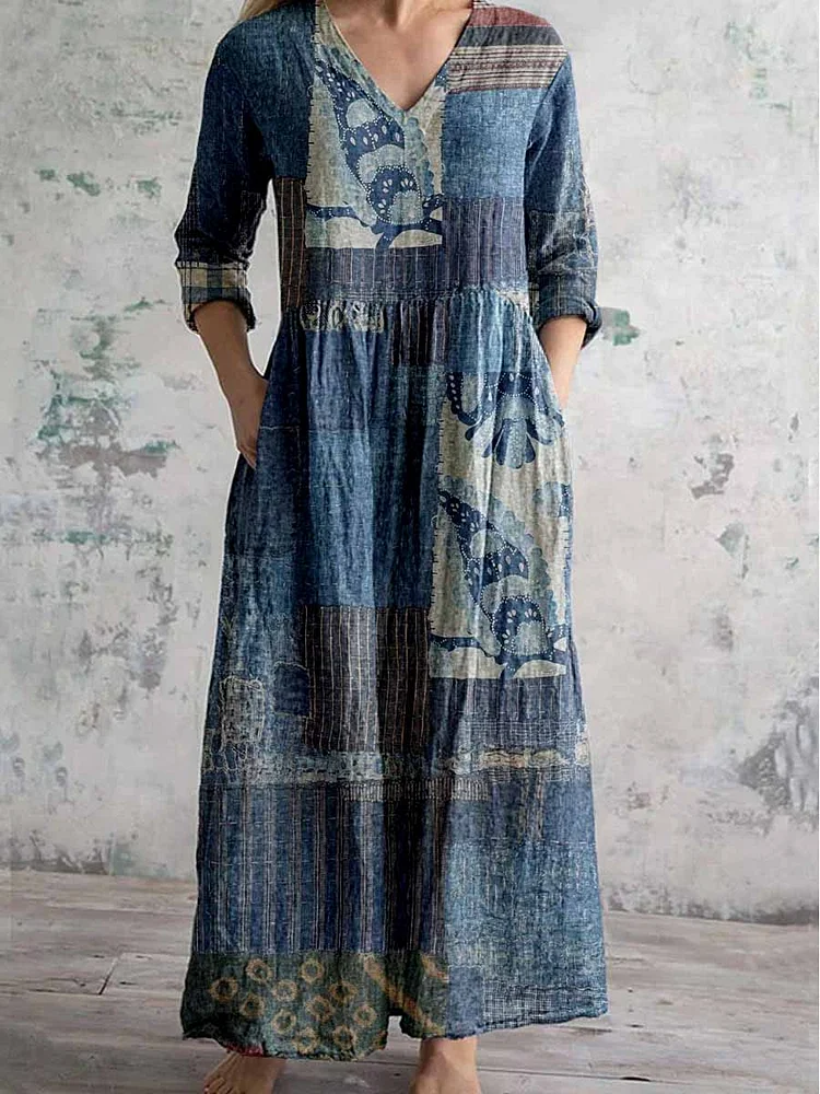 Women's Retro Geometric Pattern Cotton And Linen Dress
