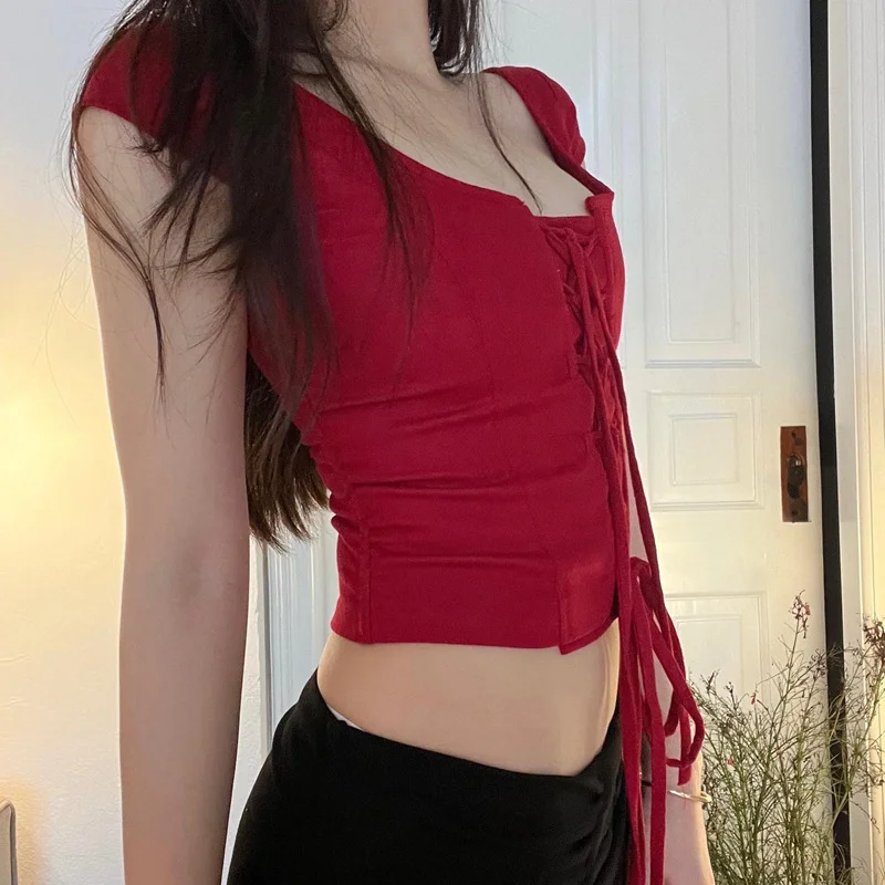 Uveng Uveng Spring New Women's Sexy Short Sleeve Square Collar Tie Pure Desire Temperament Crop Hot Girl Top