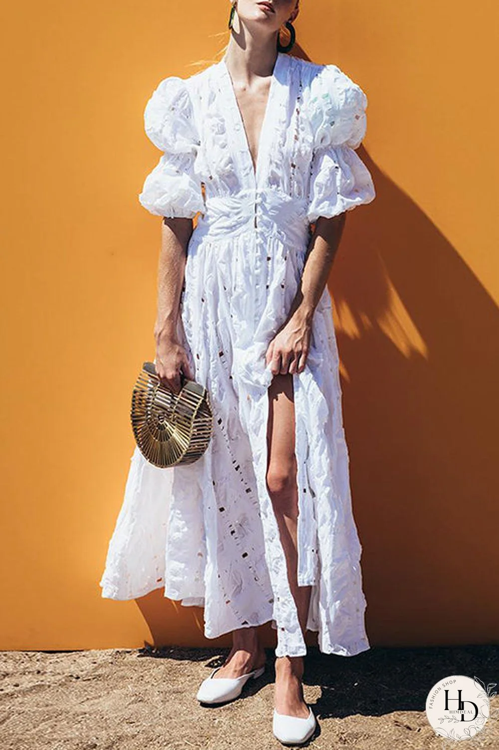 V Neck Hollow Ruffle Puff Sleeve Maxi Dress