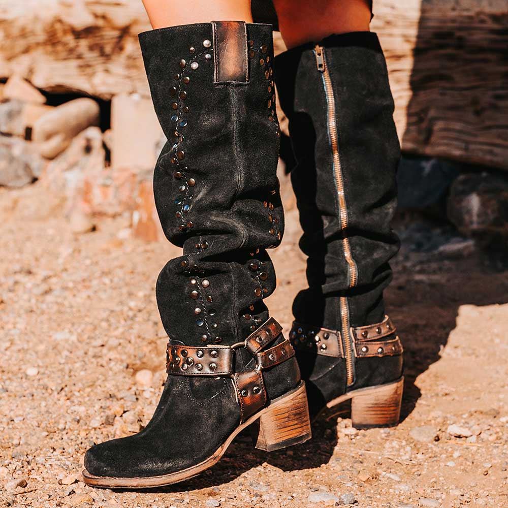 Black Faux Suede Square Toe Chunky Heel Studded Knee High Boots Nicepairs