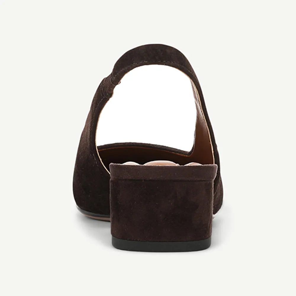 Brown Square Toe Chunky Heel Comfy Stretch Strap Slingback Pumps