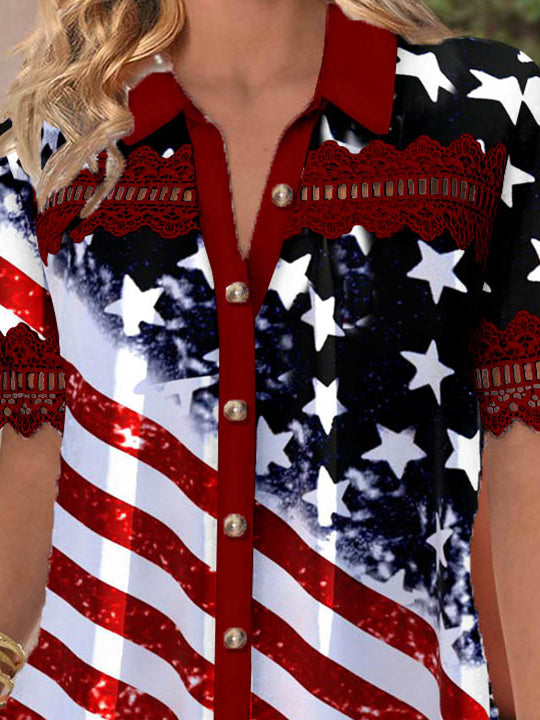 Women Short Sleeve V-neck Striped Star Printed Graphic Lace Hollow Stitching Button Tops