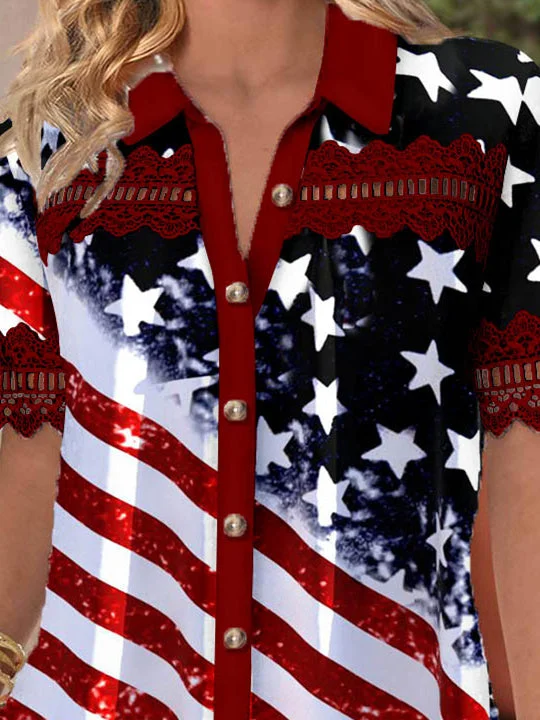 Women Short Sleeve V-neck Striped Star Printed Graphic Lace Hollow Stitching Button Tops