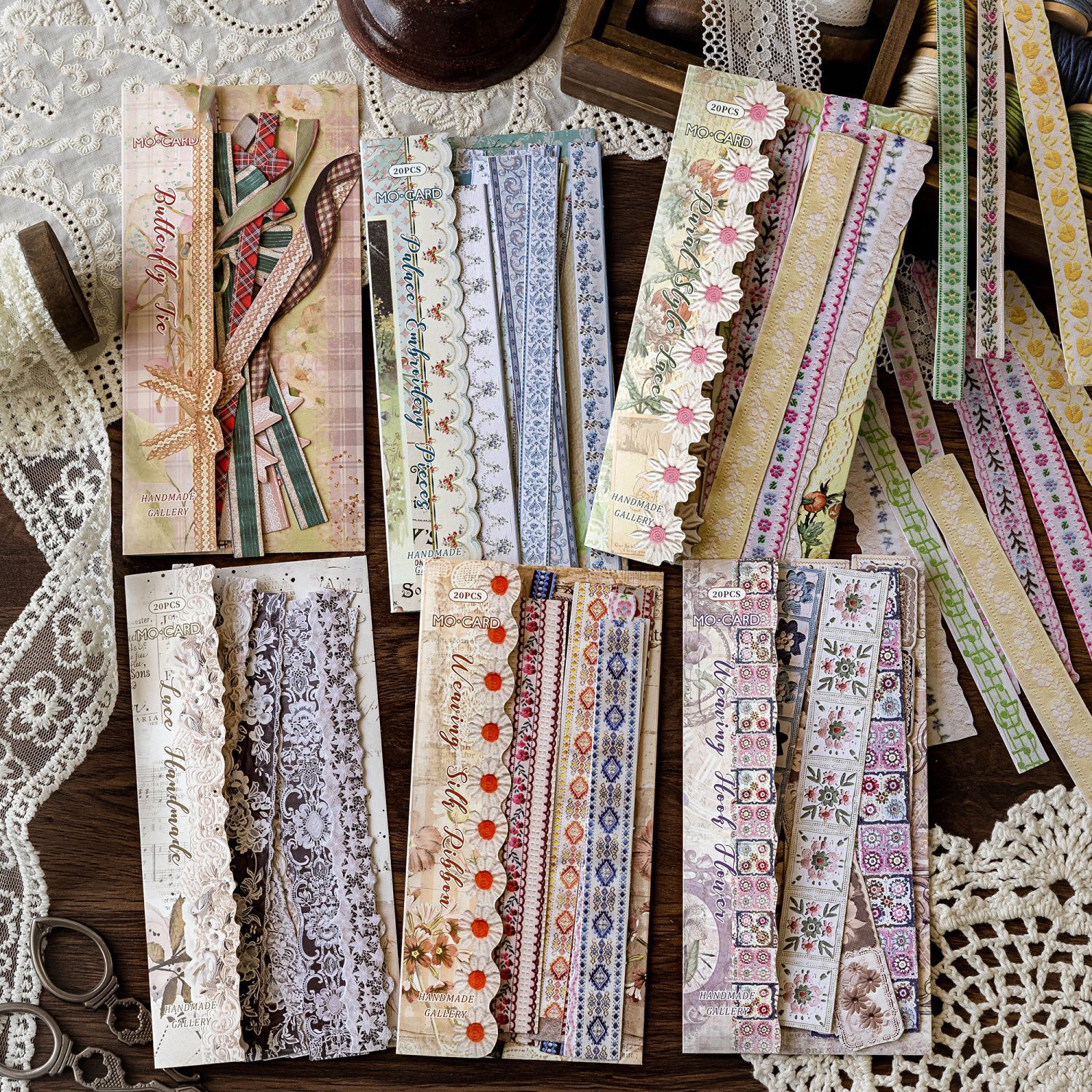 스티커 - 핸드메이드 갤러리 시리즈 빈티지 레이스 꽃 리본 풍경 스트립