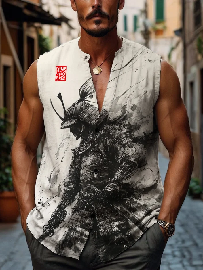 Men's Japanese Samurai Ink Painting Print Sleeveless Shirt