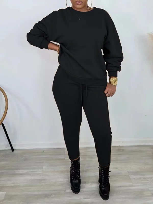 Solid Color Long Sleeves Plus Size Drawstring Round-Neck Sweatshirt Top&Pants Bottom Two Pieces Set