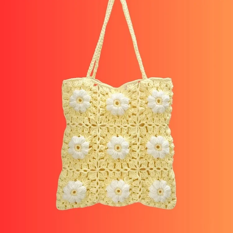 Lulusnow Handmade Yellow Granny Square Crochet Shoulder Bag 