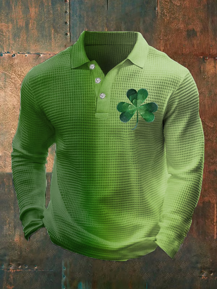 Comstylish Men's St. Patrick's Day Print Waffle Long Sleeve Polo Shirt