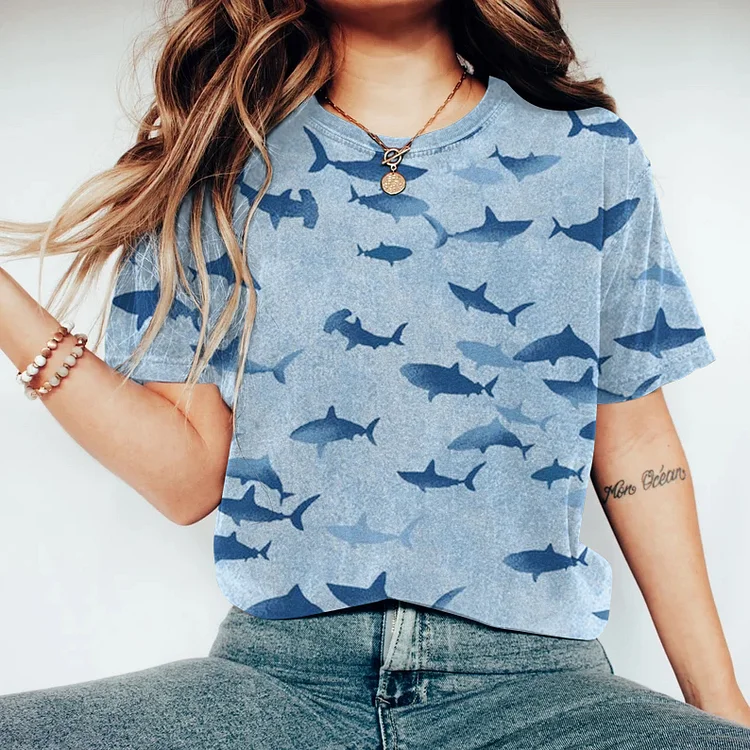 Women's Shark Print Crew Neck Casual T-Shirt