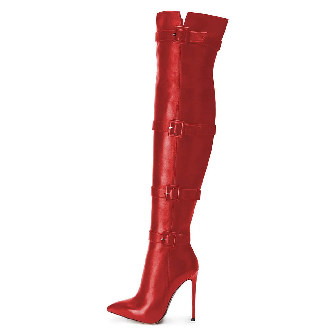 Red Closed Toe Knee High Winter Boots With Stiletto Heels Nicepairs