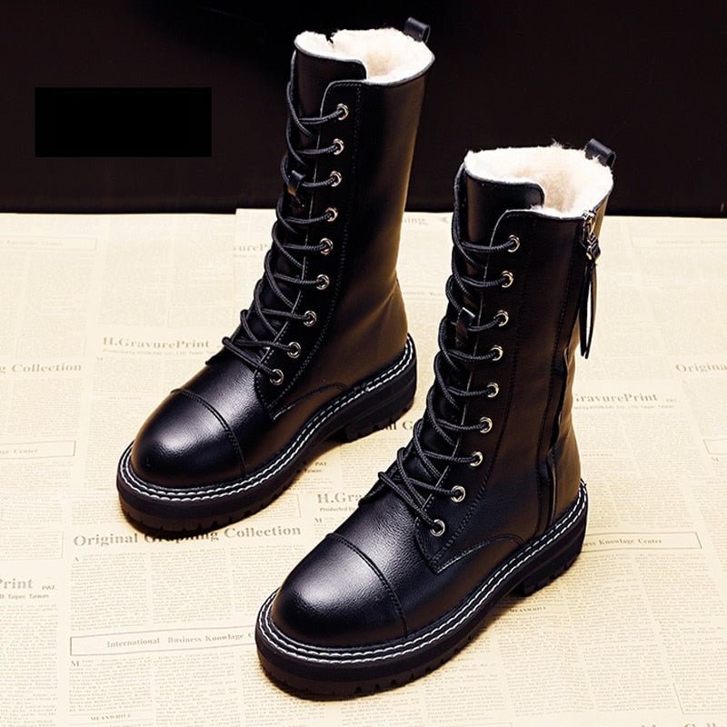 Booties 2021 NEW Fashion Women's Short Boots GIRLS Snow Boots PU Leather Side Zip Non-slip Warm Shoes Plush Inner Lace-upBlack