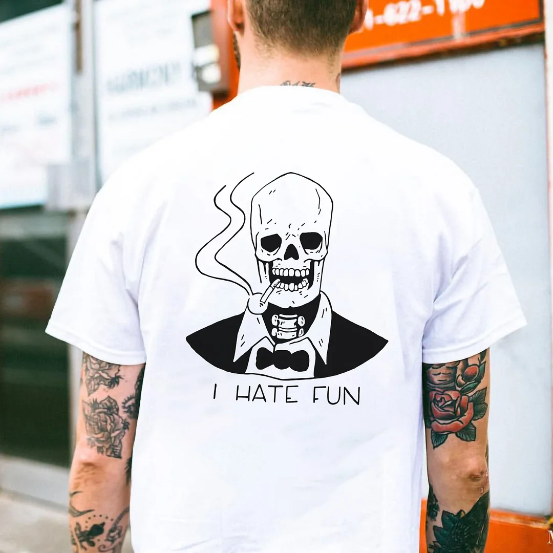 I Hate Fun Smoking Skull Print T-shirt