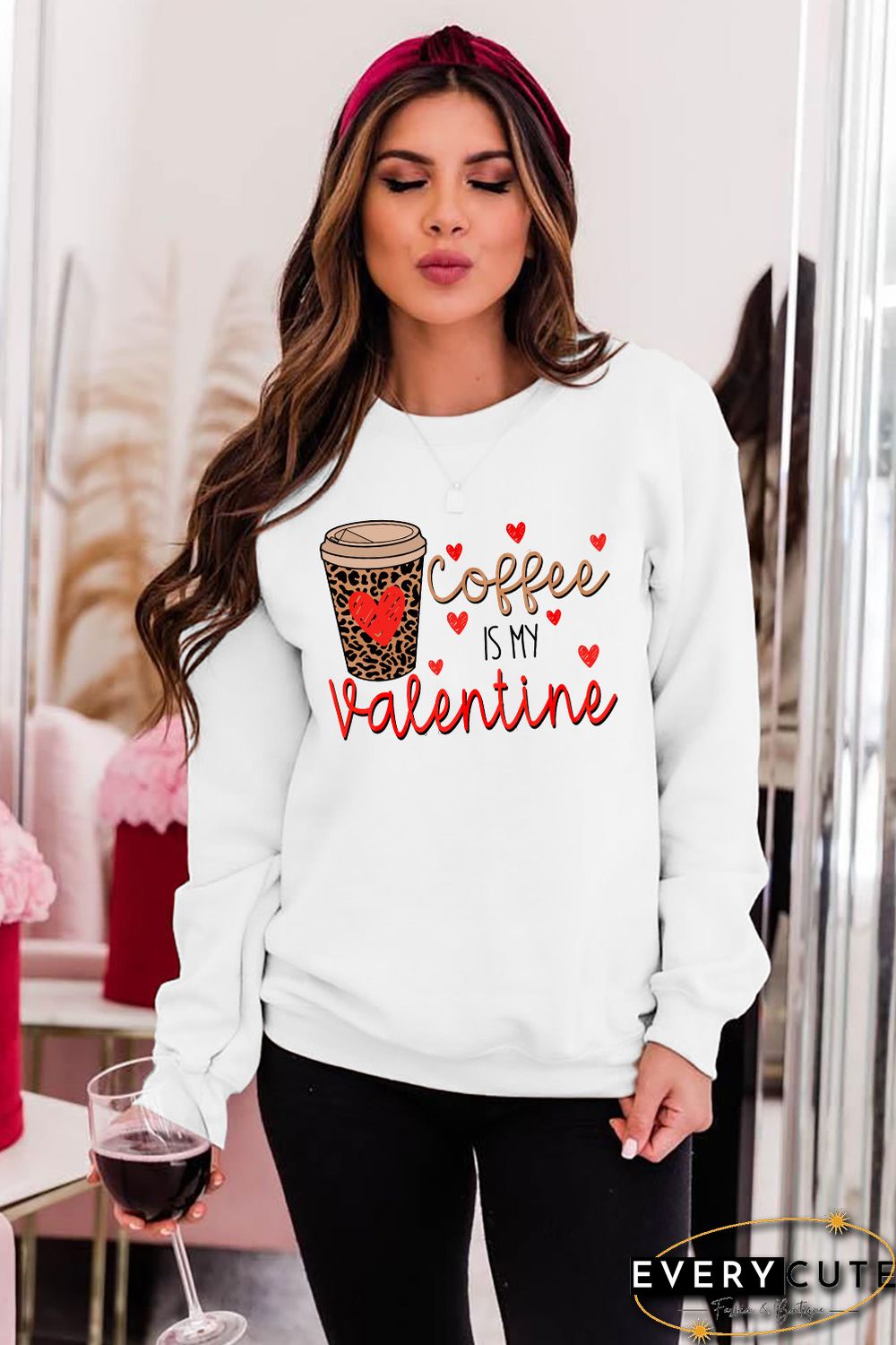 Letter Leopard Heart Graphic Print Long Sleeve Pullover Sweatshirt