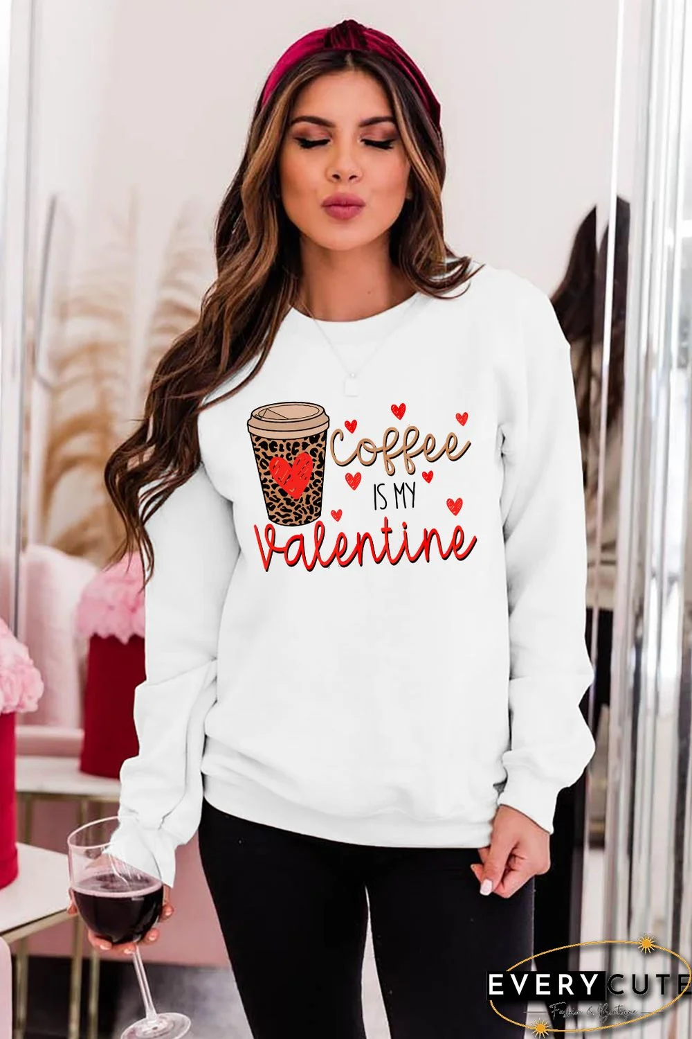 Letter Leopard Heart Graphic Print Long Sleeve Pullover Sweatshirt