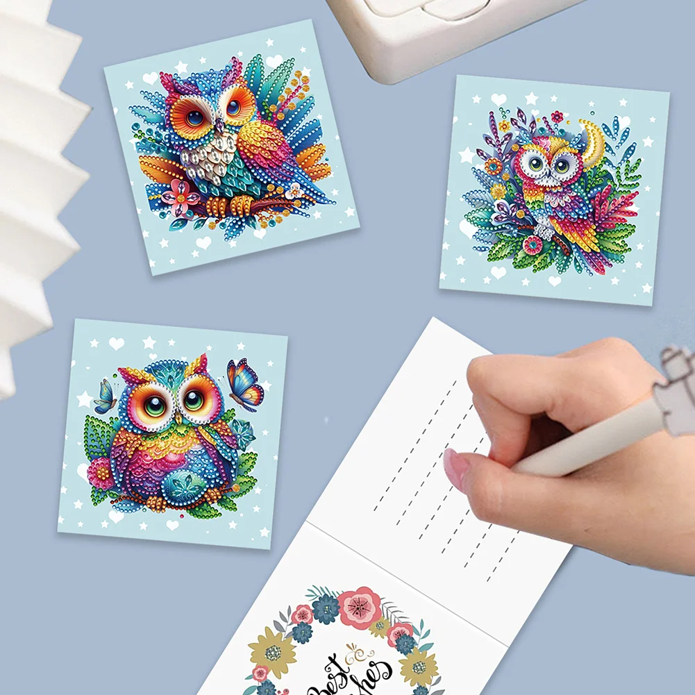 6Pcs Owl DIY Diamond Painting Greeting Card 5D Drill Painting Blessing Card Kit【With White Envelope】
