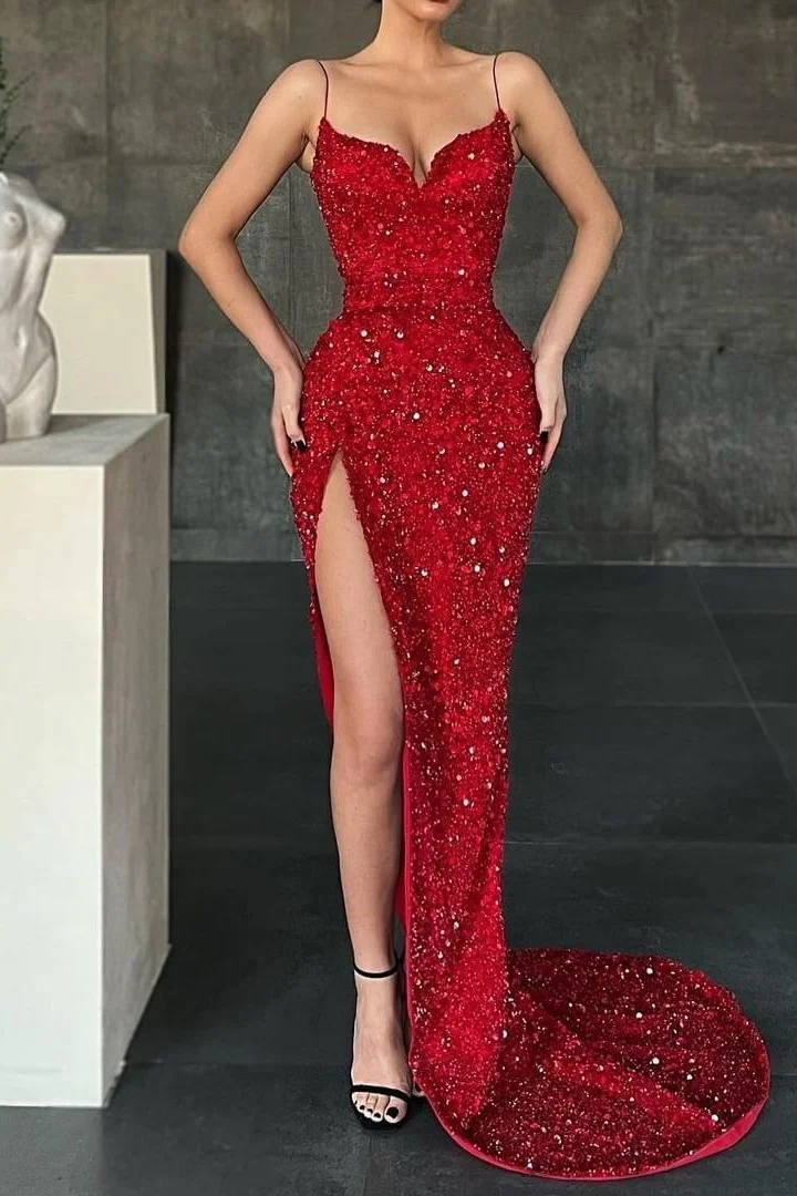Luluslly Burgundy Spaghetti-Straps Mermaid Prom Dress Sequins With Slit