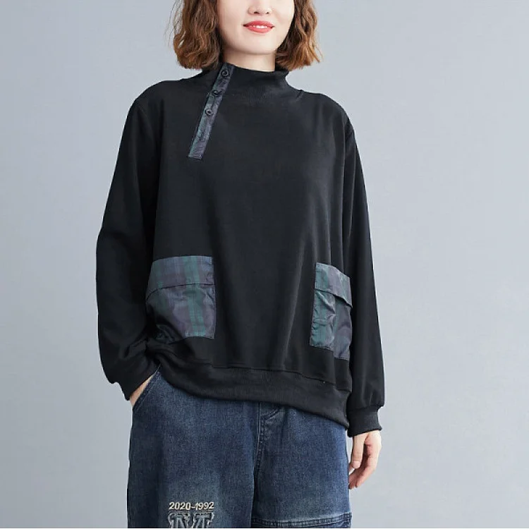 Loose Splicing Long Sleeve High Collar Sweatshirt - yankia