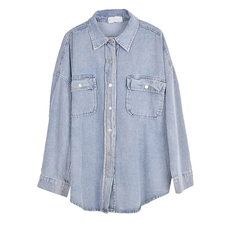 Casual Turn Down Collar Button Pockets Long Sleeve Single-breasted Denim Shirt Coat
