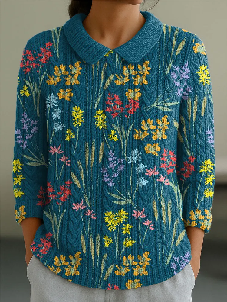Women's Vintage Floral Flowers Art Print Casual Peter Pan Collar 3/4 Sleeve Sweater