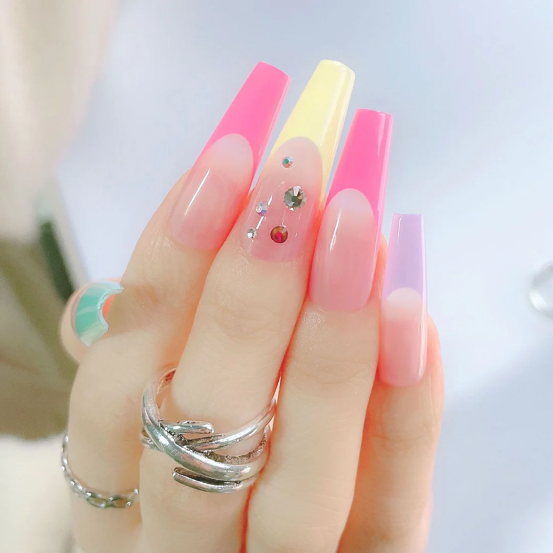 24pcs Detachable Extra Long Coffin False Nails Stick-on nails French Ballerina Fake Nails Full Cover Nail Tips Press On Nails