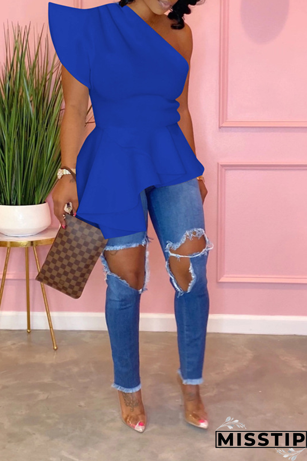 Blue Street Solid Flounce One Shoulder T-Shirts