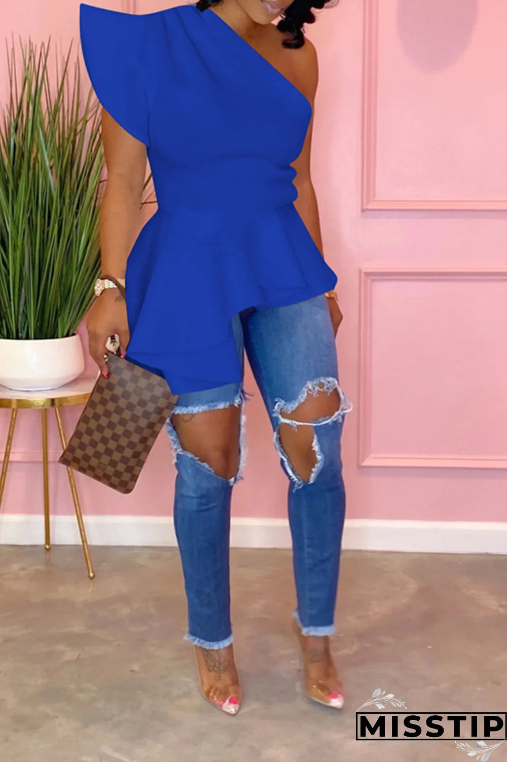 Blue Street Solid Flounce One Shoulder T-Shirts