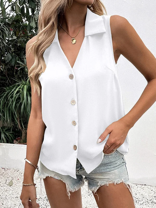 Buttoned Pure Color Split-Joint Roomy Sleeveless V-neck Vest Top