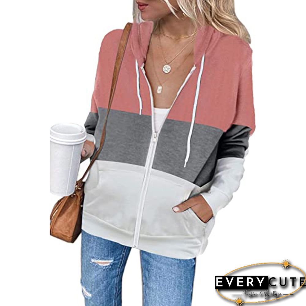 Pink Color Block Zip Kangaroo Pocket Hoodie