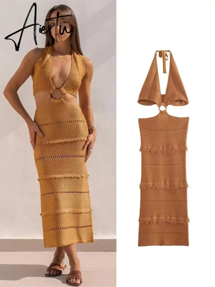 Elegant Hollow Tight-Fitting Knitting Dress Chic Neck-Hanging Tube Top Dress Summer New Holiday Youth Street Aiertu