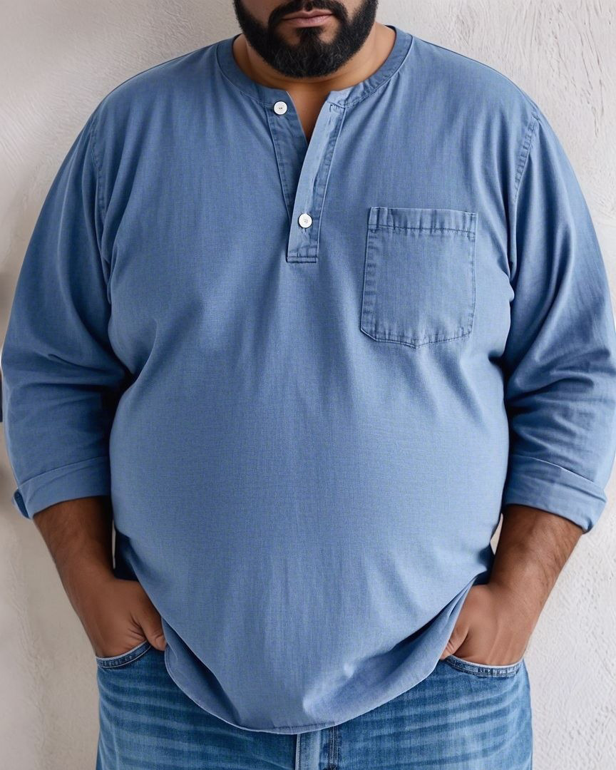 Men's Plus Size Solid Cotton Henley Pocket Tee