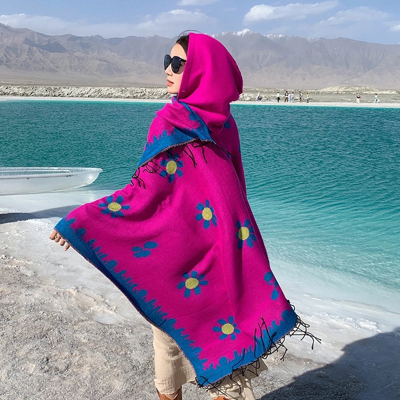 Ethnic Style Hooded Shawl Cloak Lijiang Xinjiang Tibet Northwest Tourism Wear Photograph Warm Outer Cape