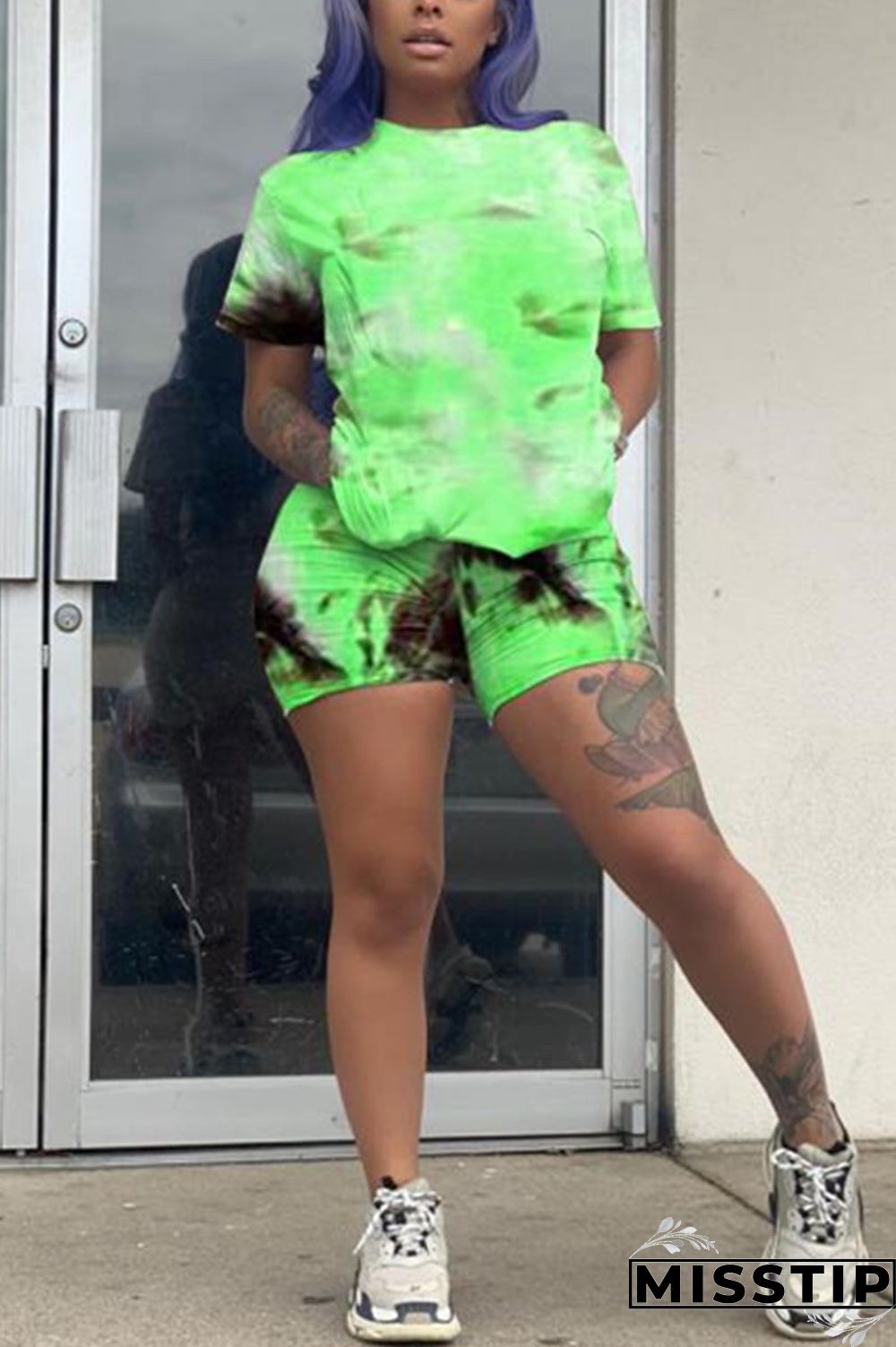 Pink Fashion Casual Tie-dye Printed Two-piece Set