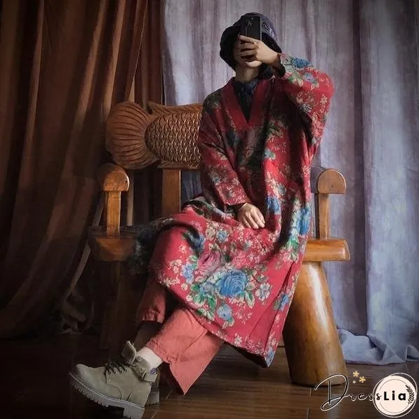 Loose Cotton Printed V Neck Padded Dress Ladies Vintage Robes Female