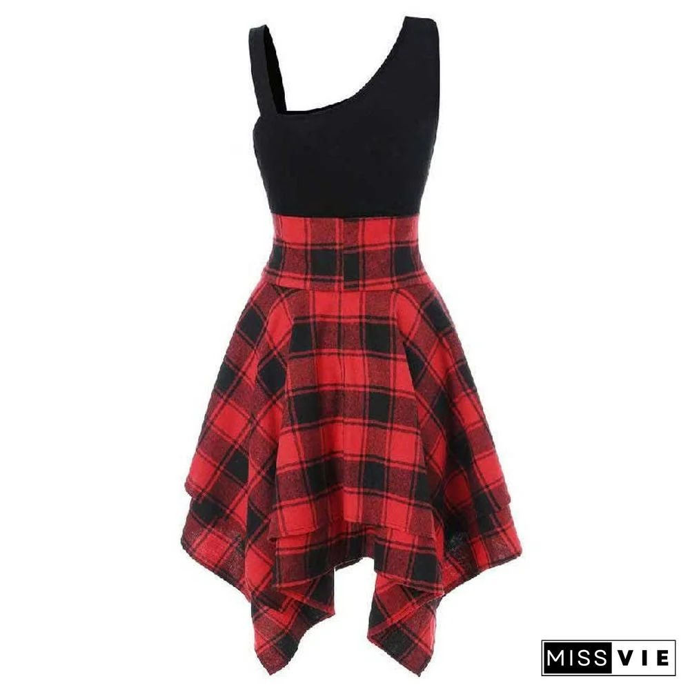 Contrast Plaid Elastic Waist Irregular Dress