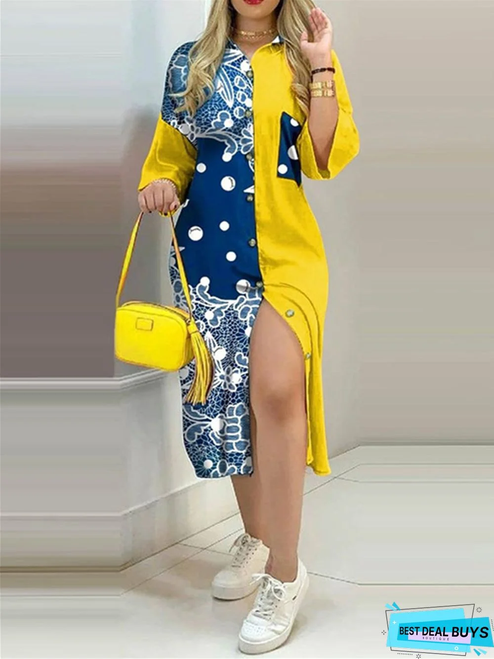 Printed Single-Breasted Commuter Irregular Dress