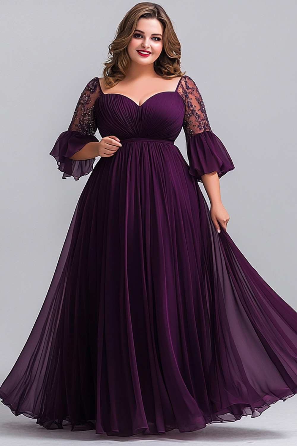 Flycurvy Plus Size Wedding Guest Royal Purple Chiffon Lace Flare Sleeve Maxi Dress 2024 - Flycurvy 