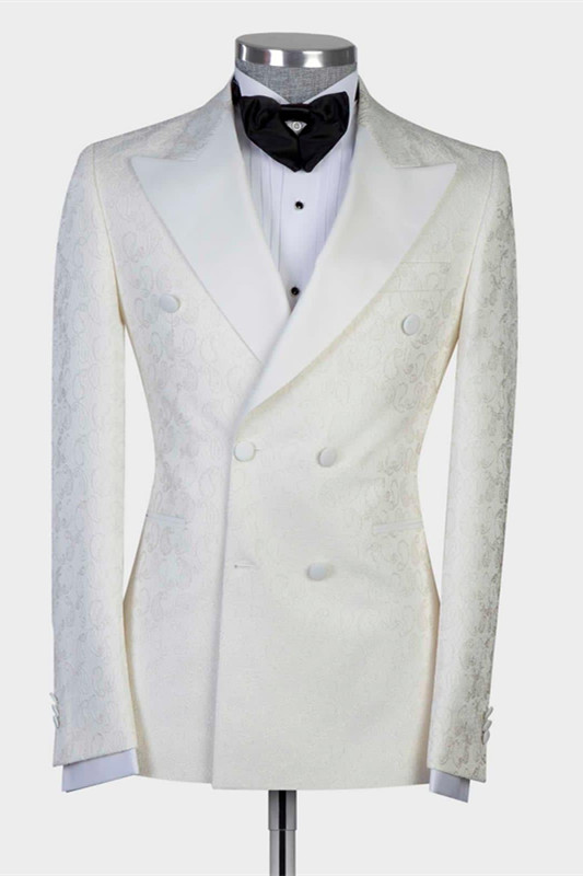 Classy White Jacquard Double Breasted Peaked Lapel Wedding Suit for Men - lulusllly