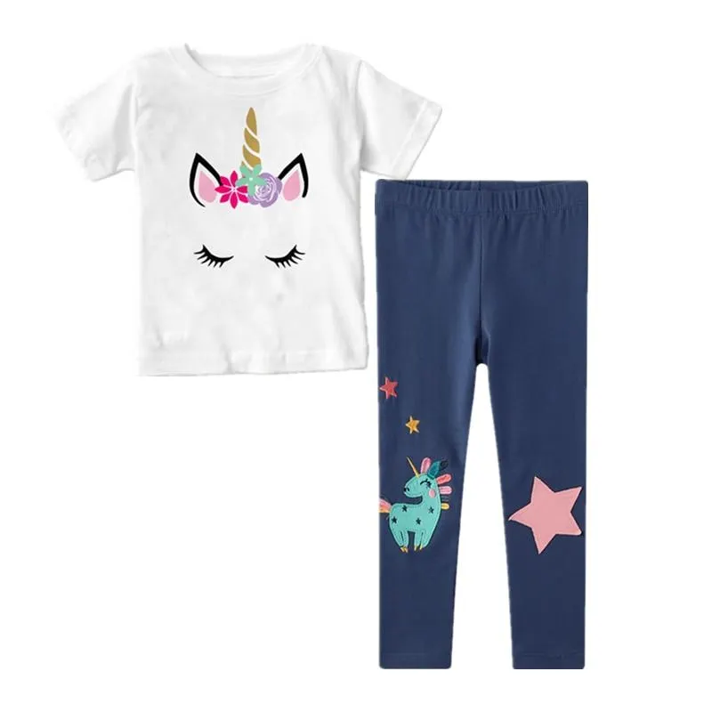 Two Pieces Kids Children Girls Clothes Set Little Girl Summer Cartoon Print T Shirt and Pants Leggings Outfits Clothing 2pcs