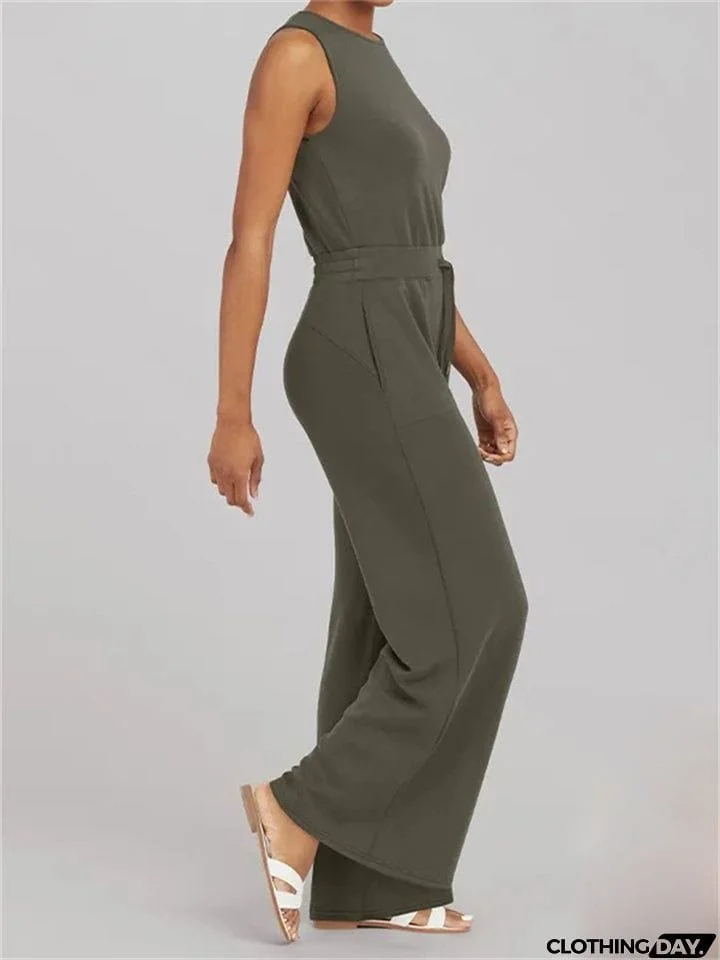 Ladies Summer Relaxed Crew Neck Sleeveless Straight Leg Jumpsuit