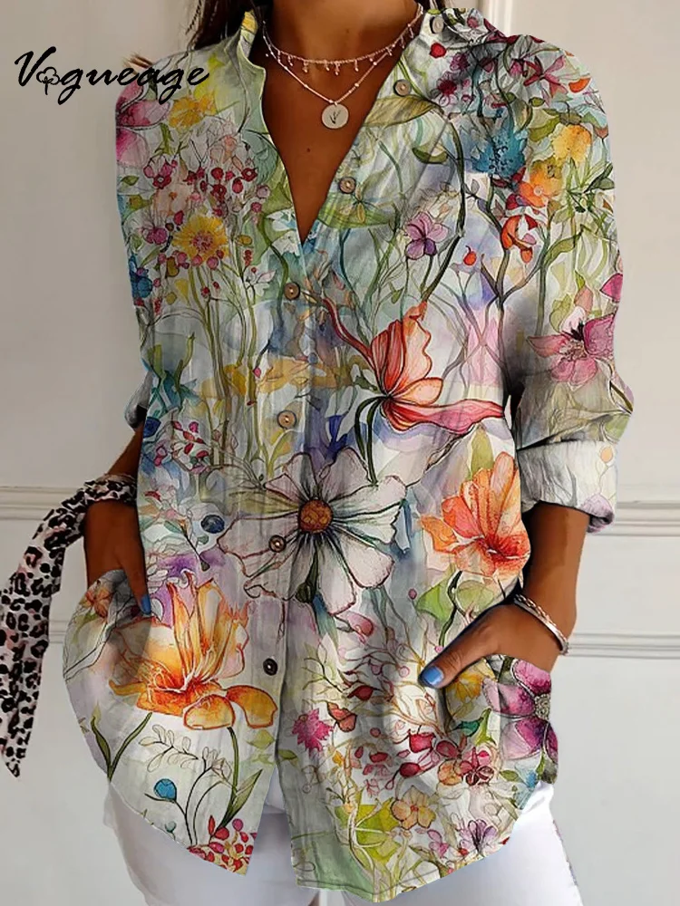 Elegant Colorful Ink Style Plants And Flowers Long Sleeves Printed Cotton And Linen Shirt