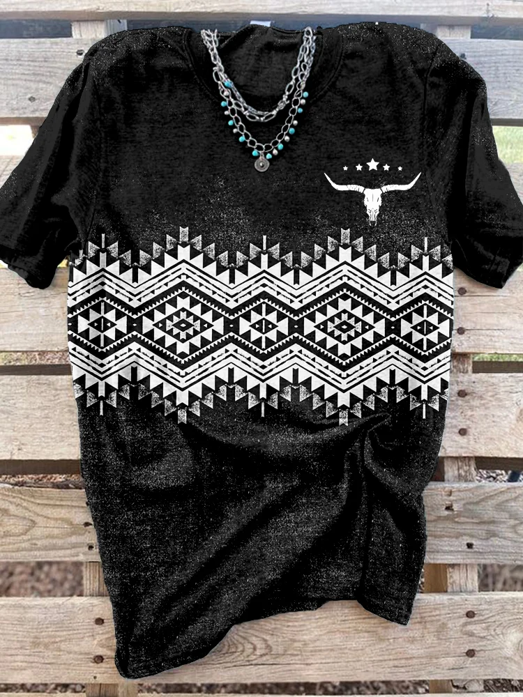 Western Aztec Bull Skull Graphic Vintage Cozy T Shirt
