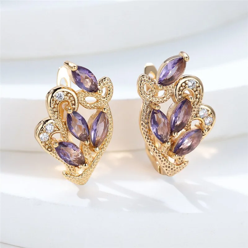 Cute Female Purple Zircon Stone Hoop Earrings Vintage Hollow Crystal Wheat Earrings Boho Gold Color Wedding Earrings For Women