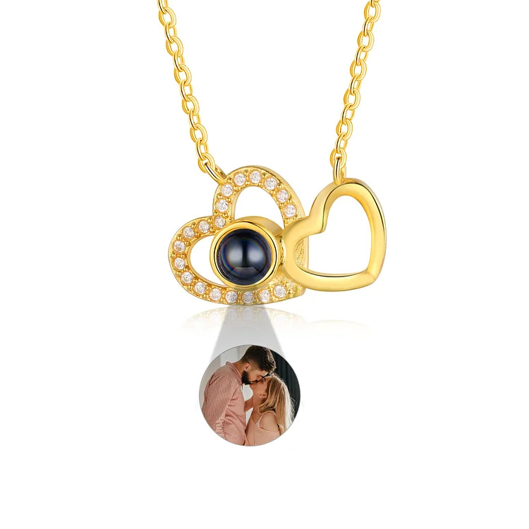 Kettenmachen Personalisiertes Foto Herz an Herz Projektion Golden Halskette mit Zirkonia