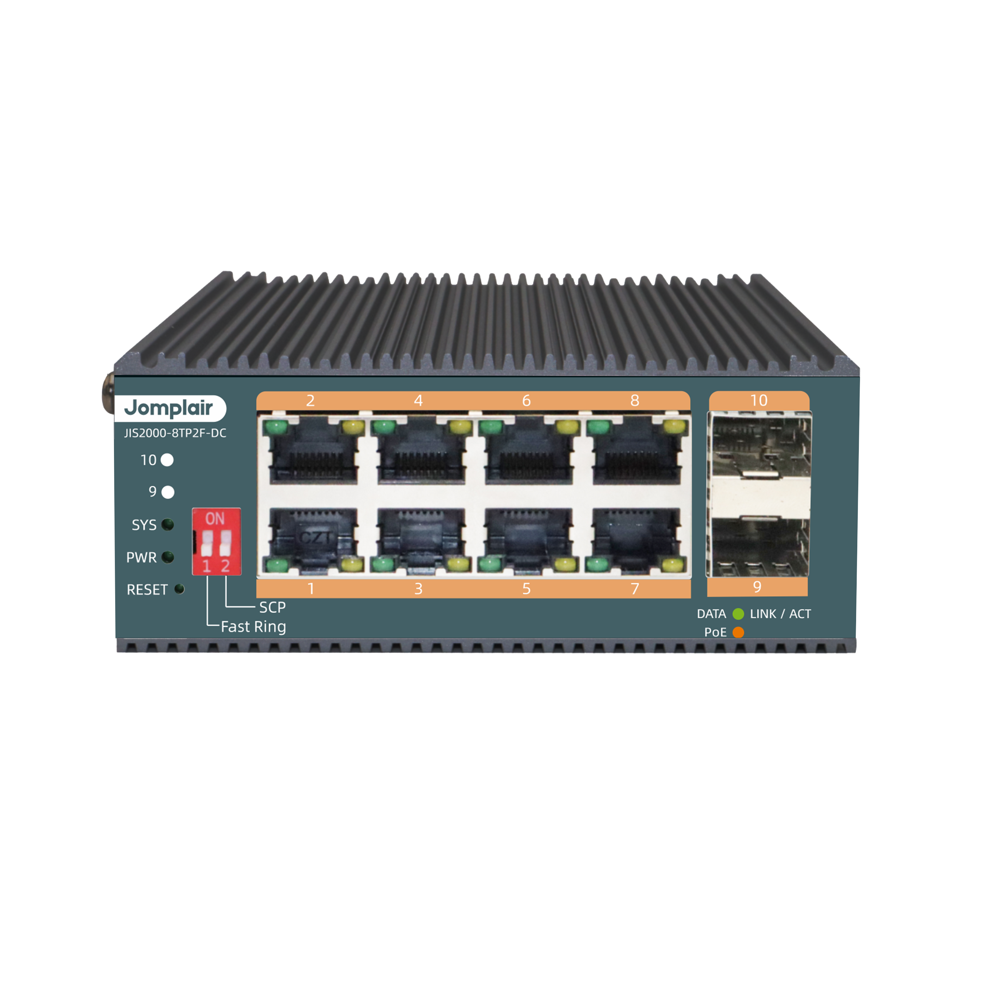 JIS2000-8TP2F-DC, 8 x 1Gb RJ45, 2 x 1Gb SFP, L2+ Managed Industrial PoE+ Switch