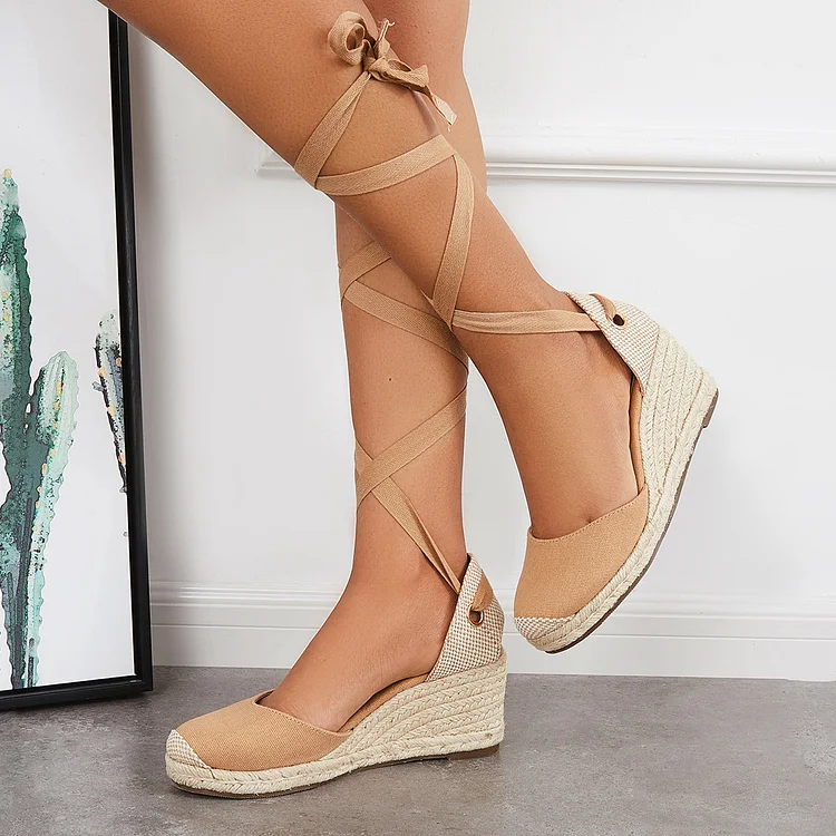 Closed Toe Espadrilles Wedge Lace Up Strappy Sandals