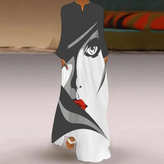 Casual Abstract Face Print Maxi Dress