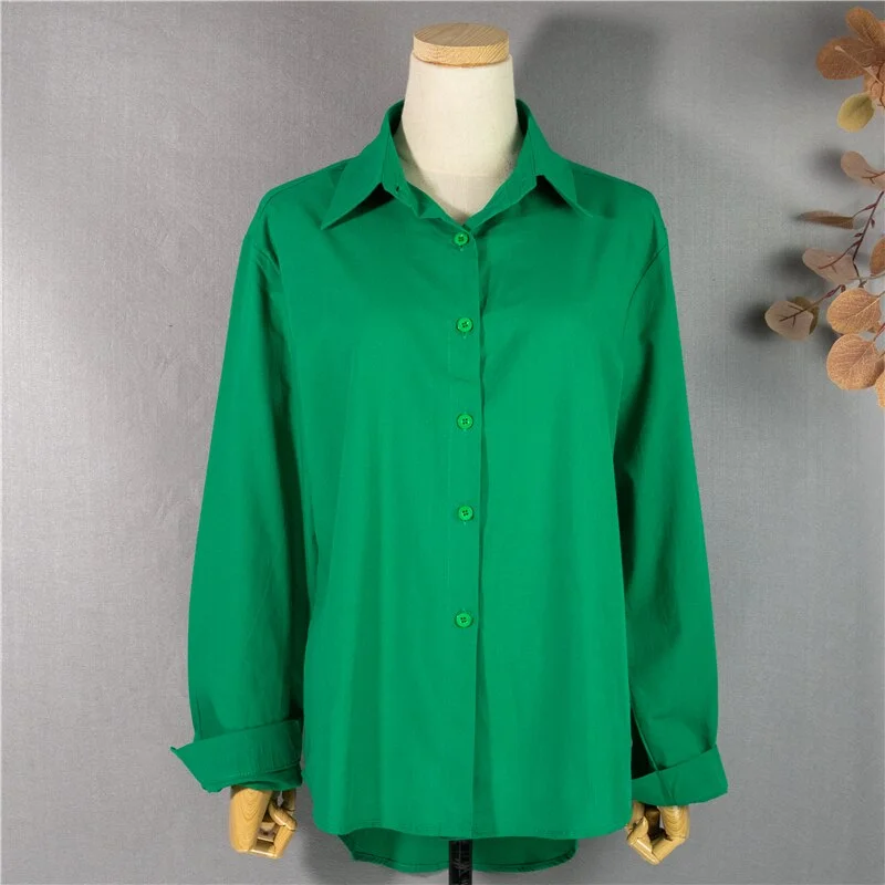 Bornladies 2021 Women Summer Autumn Loose Blouses Green Shirts Buttons Casual Vintage Cotton and Linen Oversize Office Wild Tops