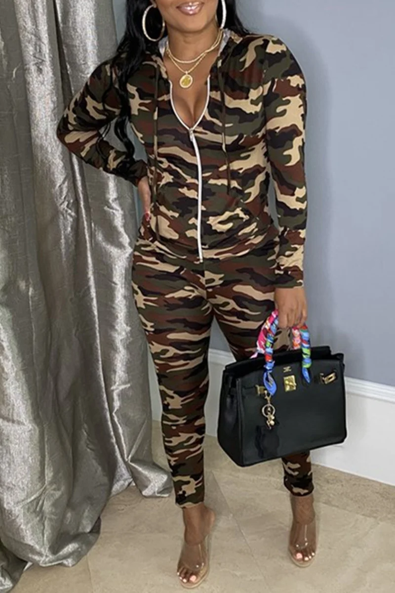 Camouflage Fashion Casual Camouflage Print Patchwork Hooded Collar Long Sleeve Two Pieces | EGEMISS