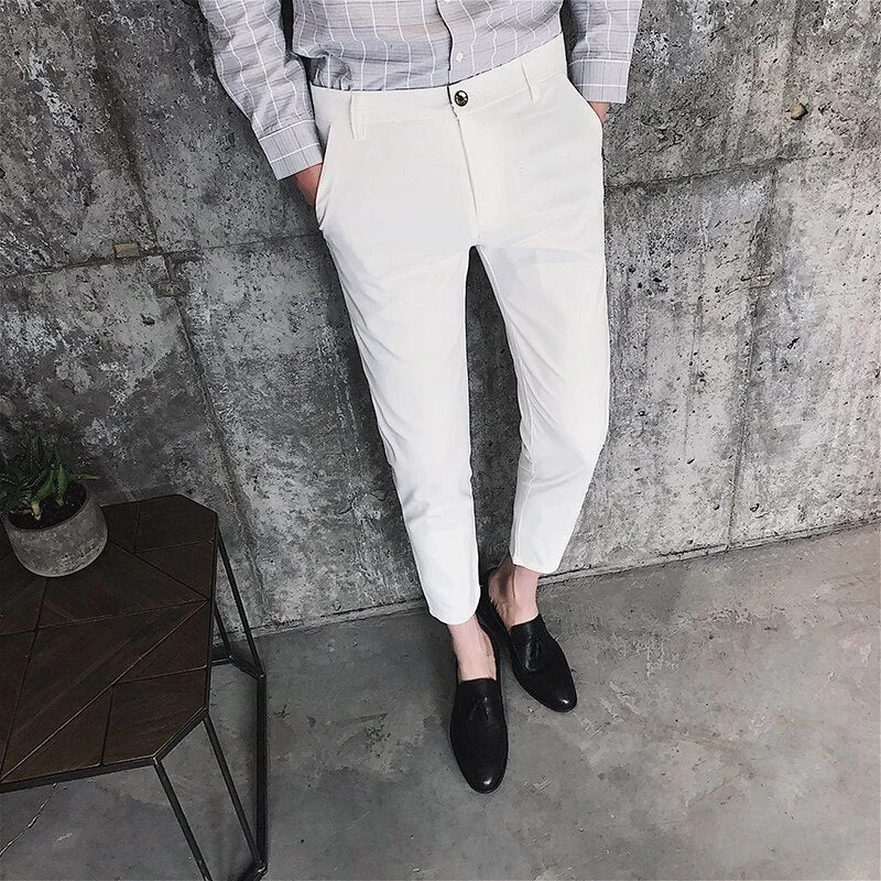 Woherb Solid Casual Pants Men Slim Fit Ankle-Length Trousers Male 2020 New Spring Summer White Khaki Black Stretch Fashion Suit Pants