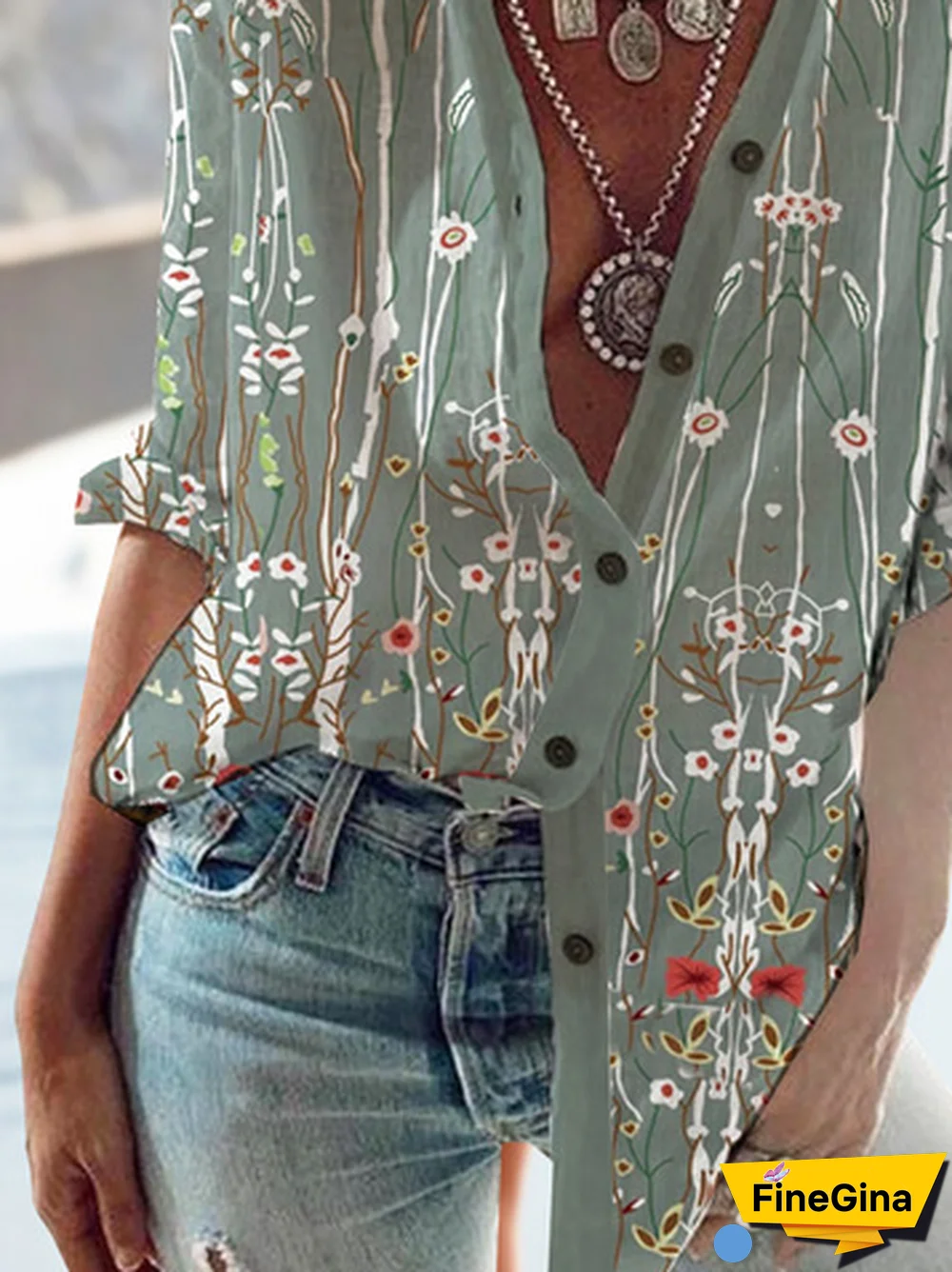 Stand Collar Floral Printed Long Sleeve Blouse